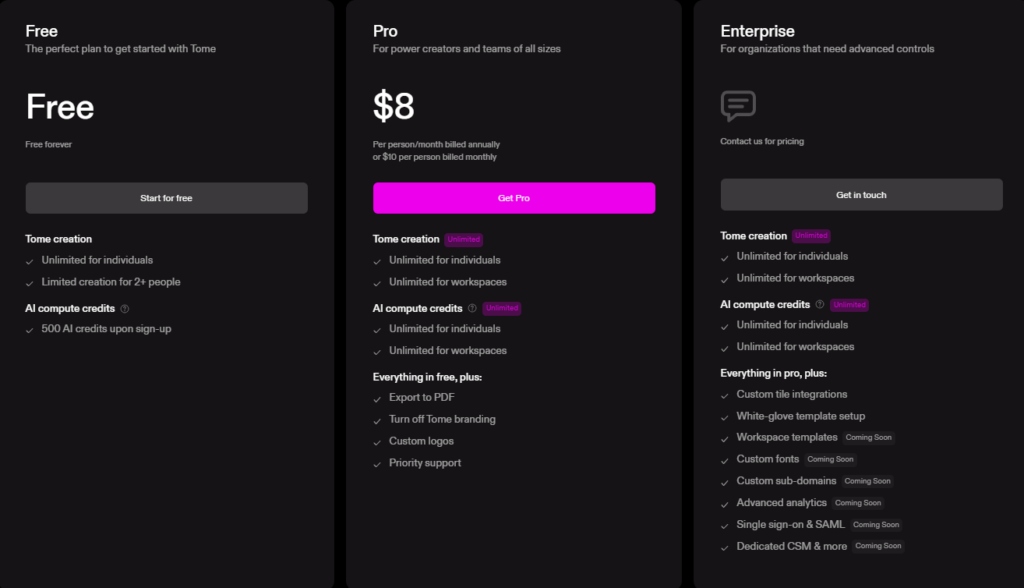 Tome AI Pricing